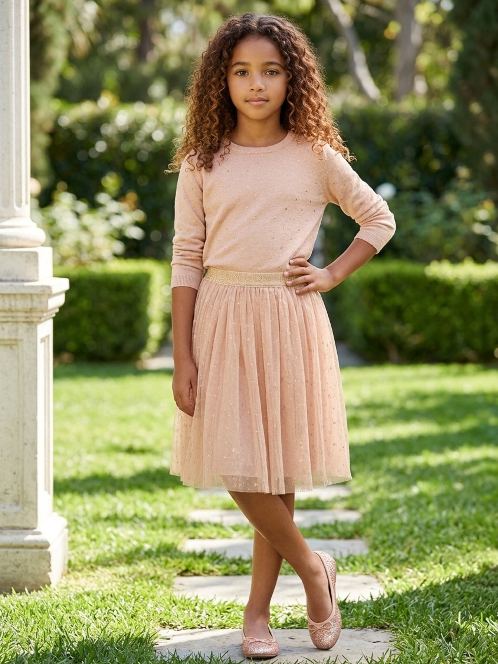 Cat & Jack Girls' Pink Pull-On Mesh Overlay Skirt Gold Glitter Waist M(8) NWT